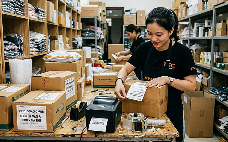 Nhân viên dán nhãn vận đơn và đóng gói bưu kiện COD cẩn thận