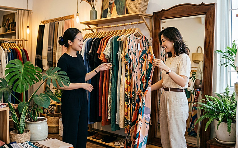 Nhân viên bán hàng tư vấn trang phục tận tình cho khách