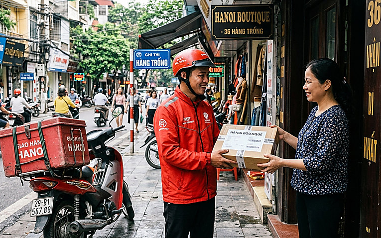 Bưu tá J&T Express nhận kiện hàng từ chủ shop online