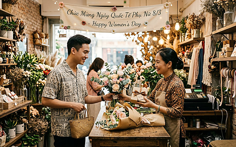 Cửa hàng bán lẻ chuẩn bị giỏ quà và hoa tươi tặng phái đẹp ngày 8/3