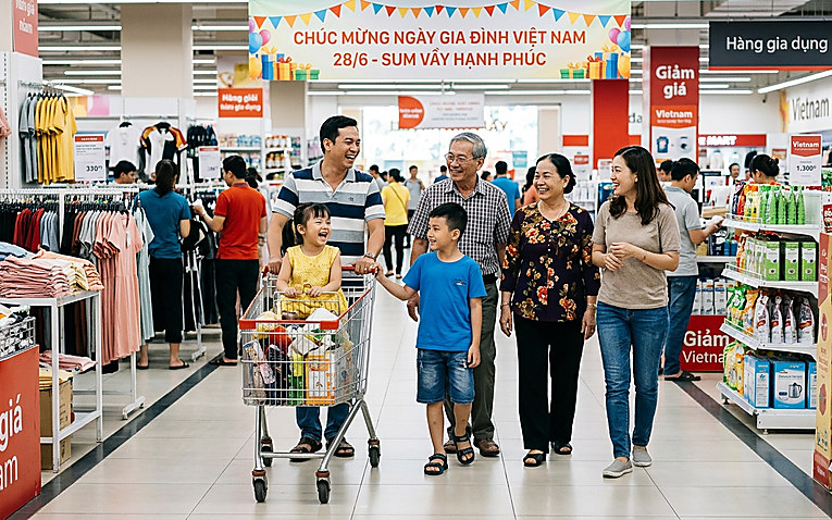 Gia đình nhiều thế hệ vui vẻ mua sắm ngày Gia đình Việt Nam 28/06