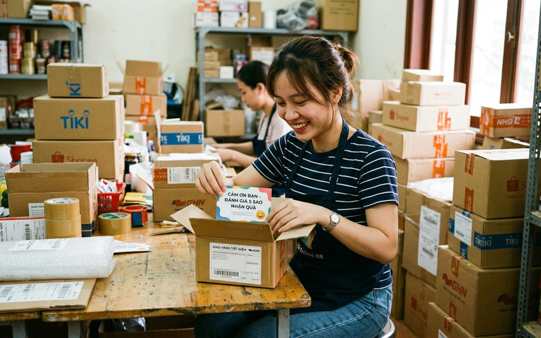 Nhân viên chuẩn bị thư cảm ơn khách hàng Shopee kèm ưu đãi đánh giá 5 sao