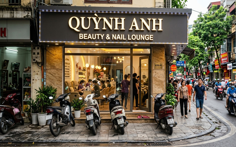 Mặt tiền tiệm nail hiện đại trên tuyến phố sầm uất tại đô thị