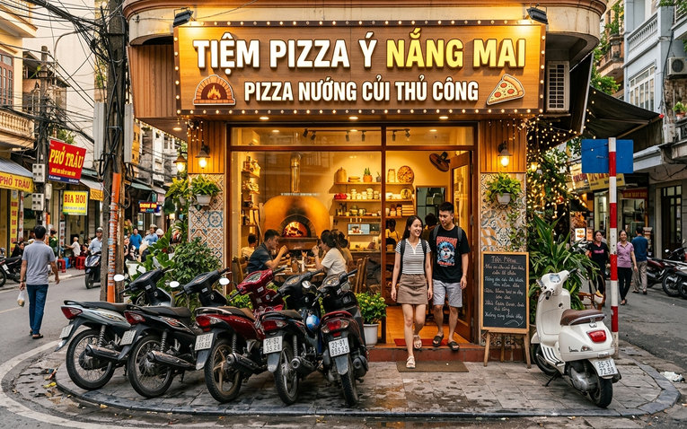 Mặt tiền tiệm pizza nướng củi thủ công ấm cúng trên tuyến phố ẩm thực