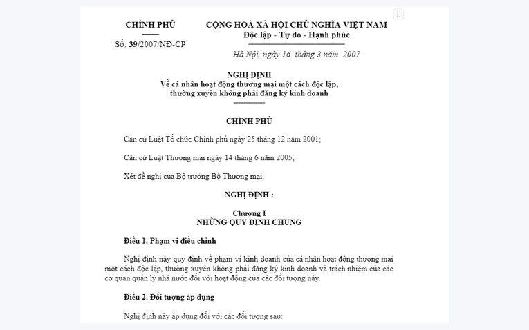 Quy định pháp luật tại Nghị định số 39/2007/NĐ-CP về buôn bán nhỏ lẻ