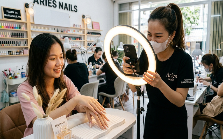 Hoạt động marketing chụp ảnh mẫu móng quảng bá trên mạng xã hội cho tiệm nail