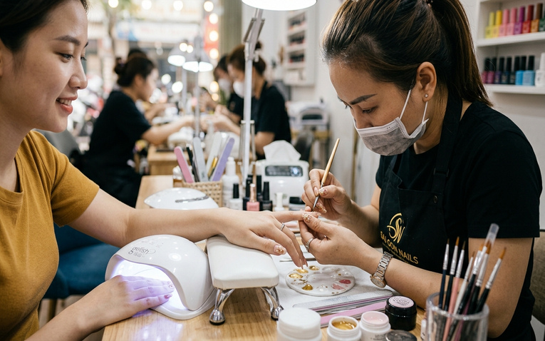 Kỹ thuật viên làm móng chuyên nghiệp vẽ móng cho khách hàng tại tiệm nail