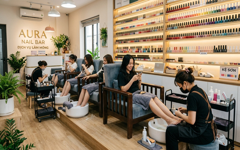 Không gian nội thất và kệ trưng bày sơn móng sang trọng của tiệm nail