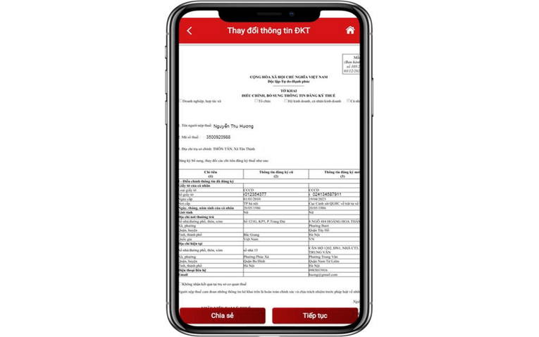 Hiển thị màn hình hoàn thành tờ khai thay đổi thông tin