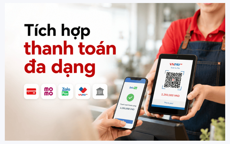 Tích hợp đa dạng phương thức thanh toán chuyển khoản quét mã QR trên điện thoại