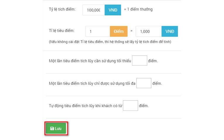 Cài đặt tỉ lệ tích điểm, tiêu điểm trên Nhanh.vn