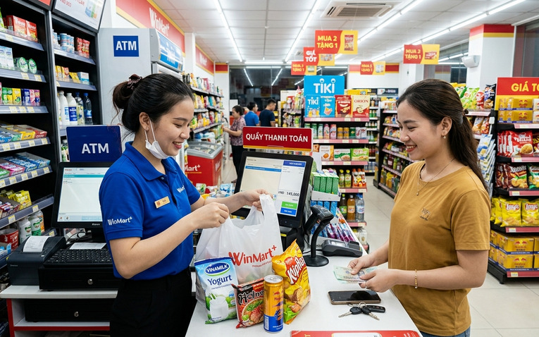 Thu ngân cửa hàng tiện lợi thanh toán giỏ hàng cho khách