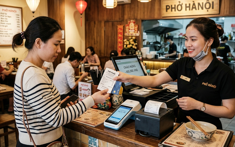 Quầy thu ngân nhà hàng ẩm thực in hóa đơn thanh toán