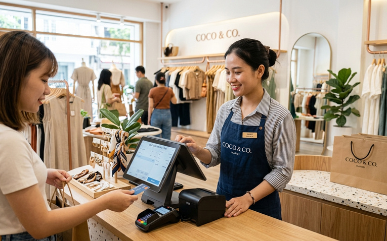 Quầy thu ngân cửa hàng bán lẻ hiện đại với máy POS