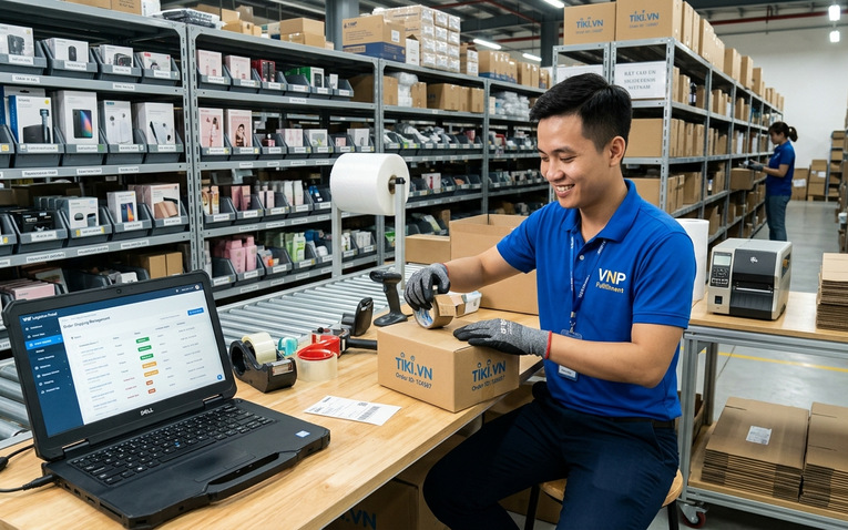 Nhân viên kho đóng gói kiện hàng thương mại điện tử đa kênh