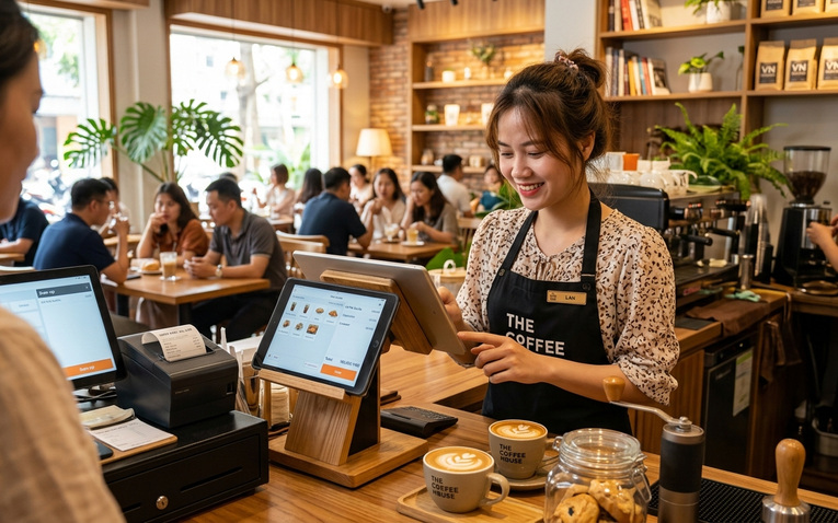 Nhân viên quán cafe thao tác trên máy POS cảm ứng