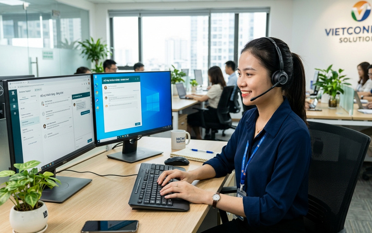 Nhân viên trực tin nhắn chăm sóc khách hàng và chốt đơn trên máy tính