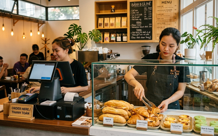 Quầy order và thanh toán tiệm bánh cafe hiện đại