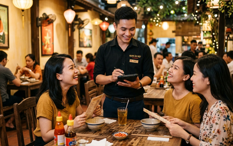 Nhân viên nhà hàng order món ăn cho thực khách bằng máy POS cầm tay