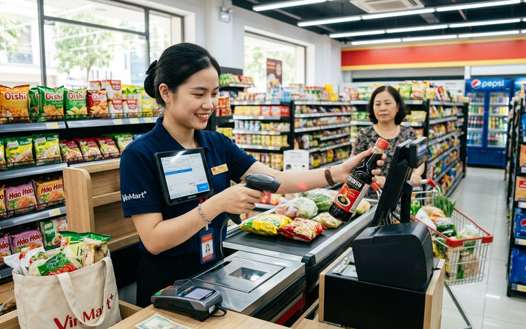 Quầy thanh toán siêu thị mini với máy quét mã vạch