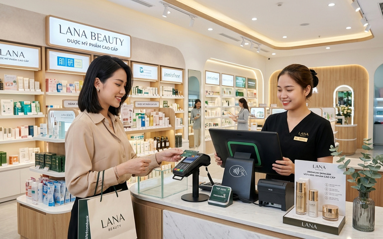 Khách hàng thanh toán quẹt thẻ tại quầy thu ngân shop mỹ phẩm