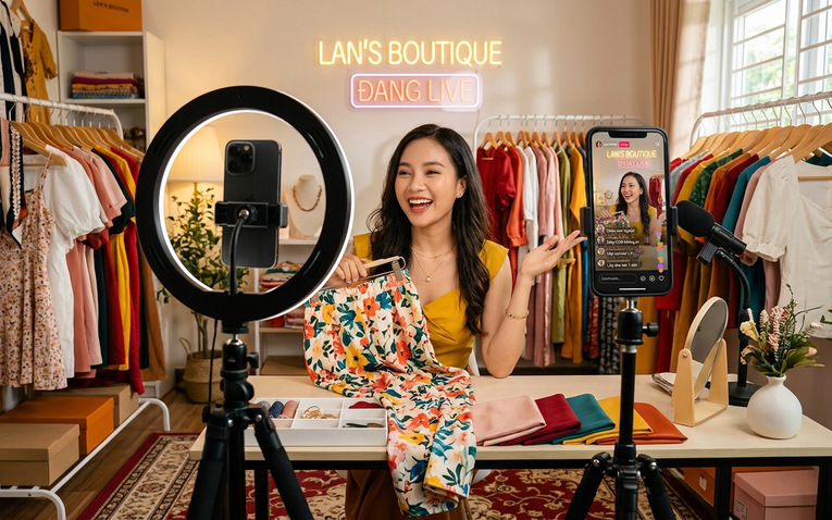 Chủ shop thời trang livestream bán hàng kết hợp quản lý đơn