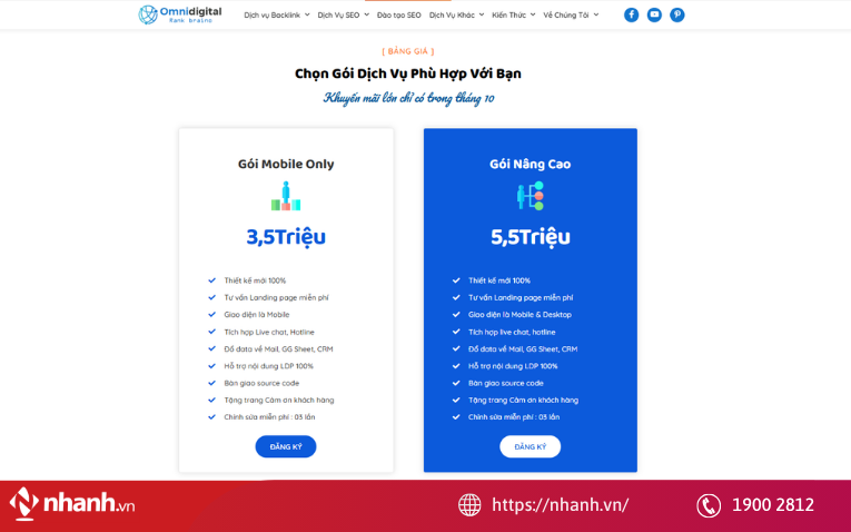 Cung cấp bảng giá trên Landing Page