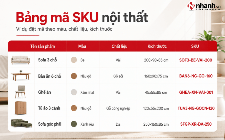 Bảng mã SKU sản phẩm nội thất theo màu chất liệu kích thước