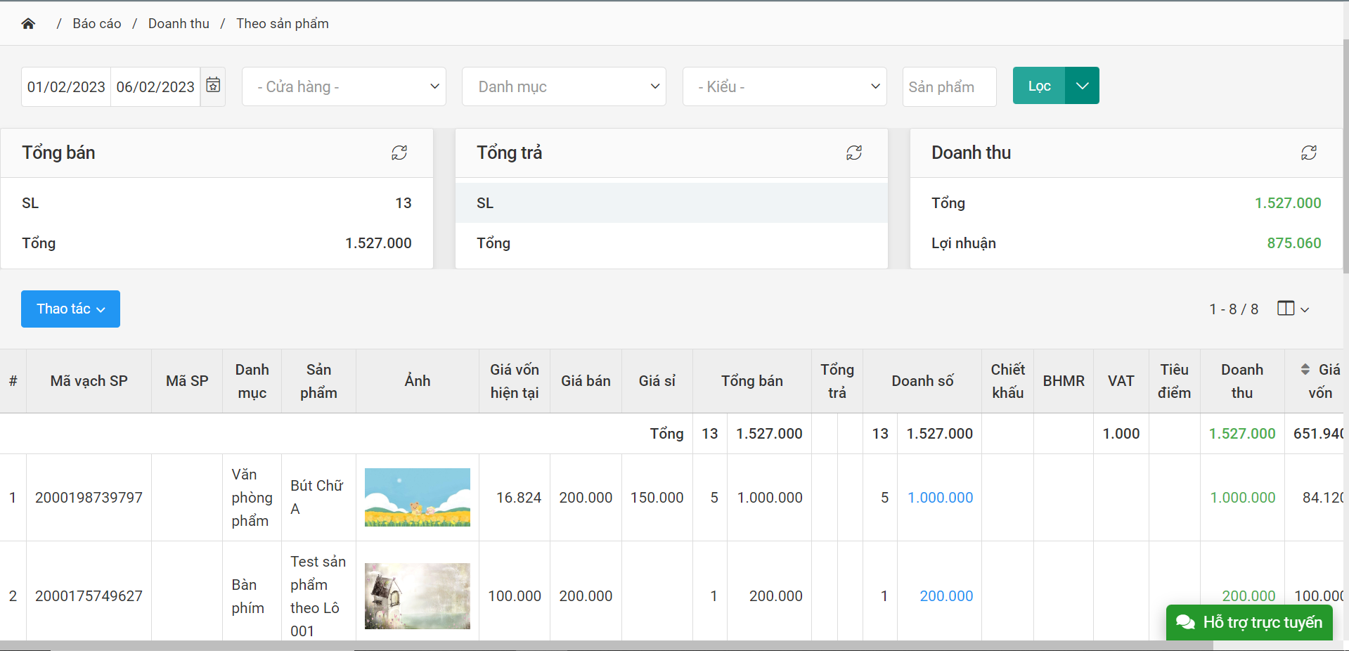 Báo cáo doanh theo sản phẩm trên Nhanh.vn