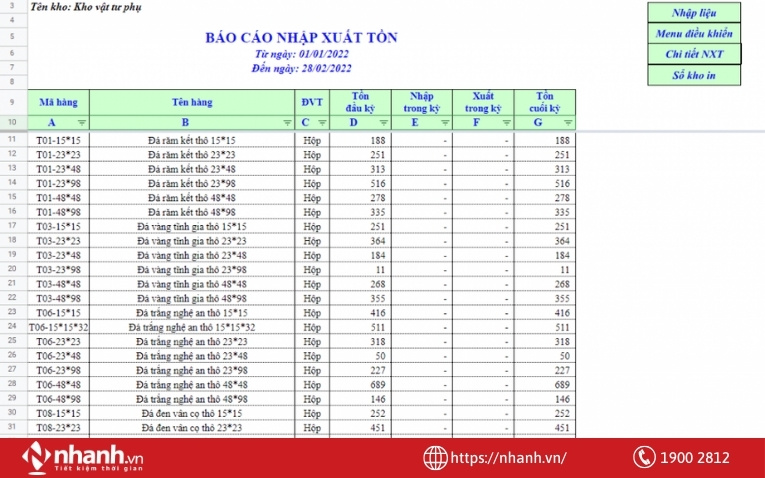 Báo cáo nhập xuất tồn được lập bằng Excel