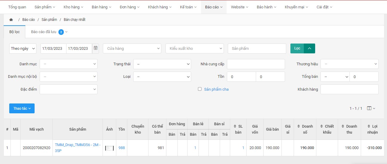 Báo cáo sản phẩm bán chạy trên phần mềm Nhanh.vn