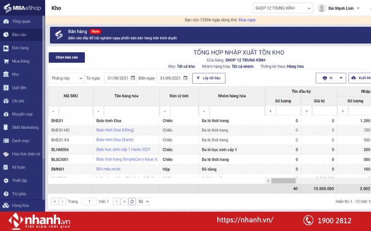 Báo cáo Tổng hợp nhập xuất tồn kho của phần mềm MISA eSHOP