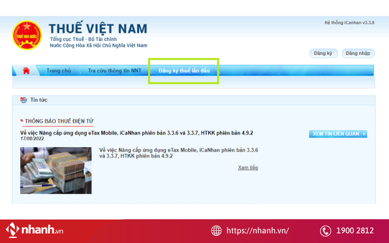 Cá nhân chọn chức năng “Đăng ký thuế lần đầu”