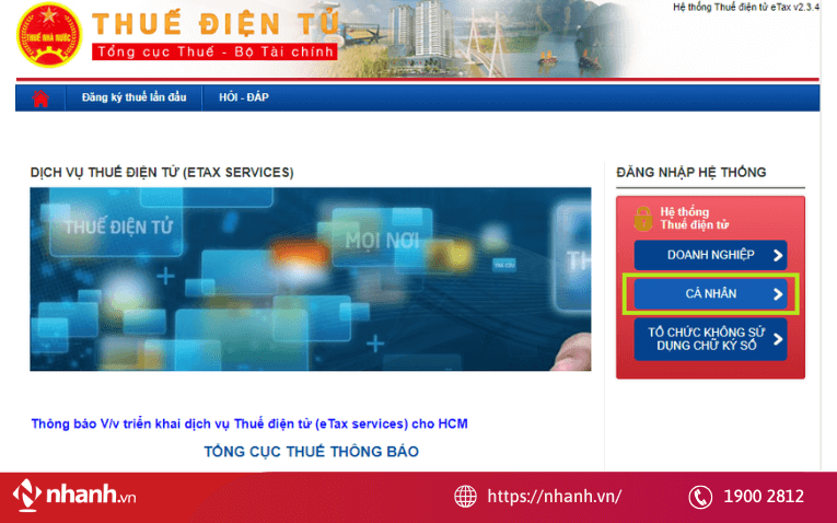 Cá nhân đăng nhập bằng tài khoản/Mã số thuế