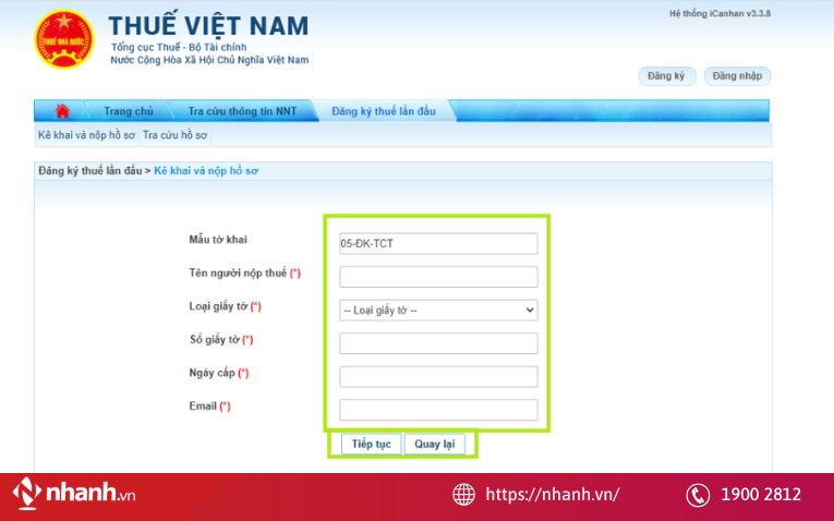 Cá nhân kê khai thông tin và hoàn tất bước đăng ký