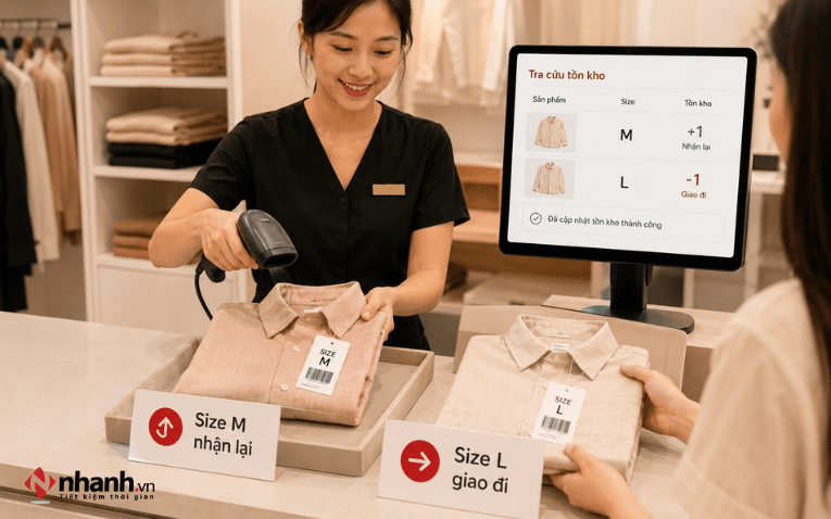 Cập nhật kho khi khách đổi size quần áo