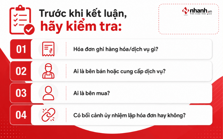 Checklist kiểm tra giao dịch, bên bán, bên mua và bối cảnh ủy nhiệm trên hóa đơn