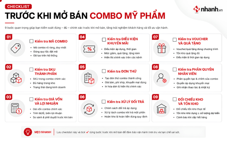 Checklist trước khi mở bán combo mỹ phẩm