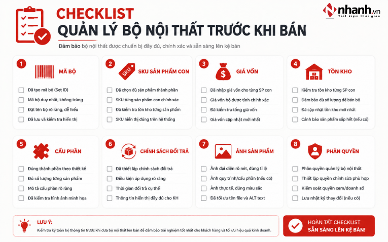 Checklist quản lý bộ nội thất trước khi bán
