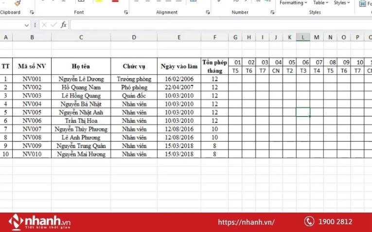 Chỉnh sửa lại bảng chấm công cho cân đối