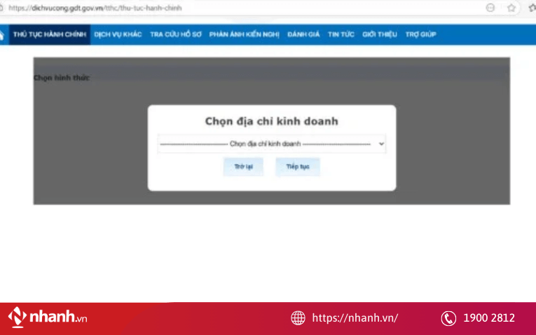 Chọn đúng địa điểm kinh doanh, sau đó nhấn “Tiếp tục”