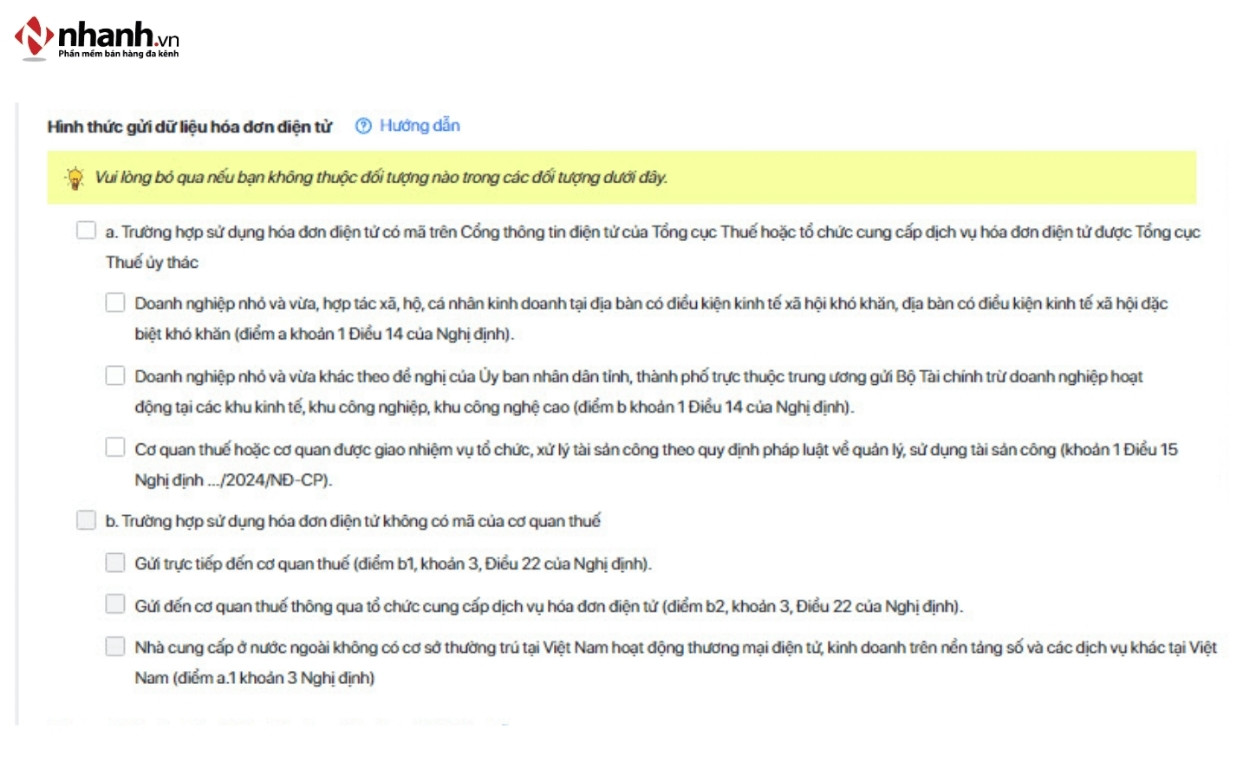 Chọn hình thức gửi dữ liệu hóa đơn điện tử