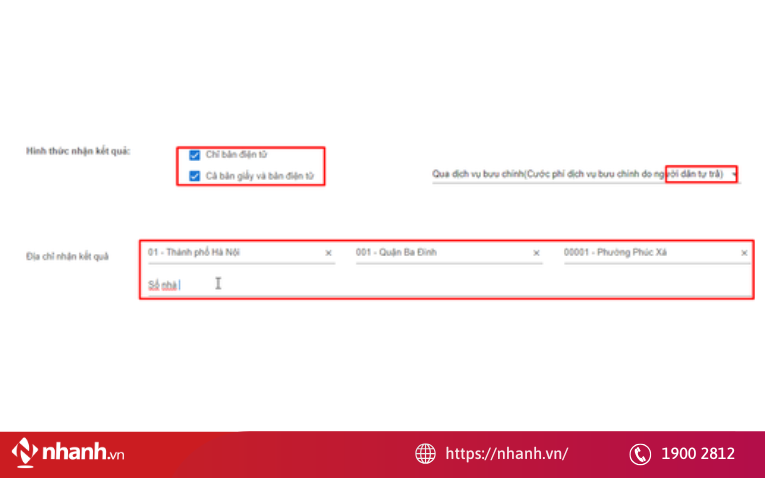 Chọn hình thức nhận kết quả