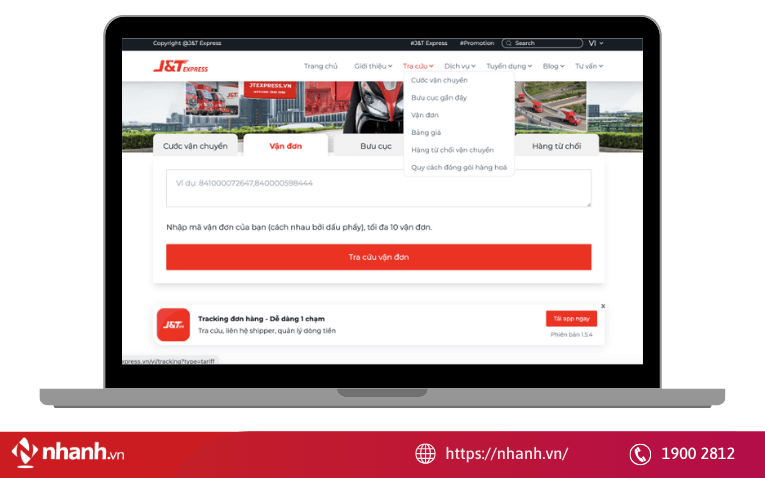 Chọn mục Tra cứu => chọn “Vận đơn” và nhập thông tin mã vận đơn