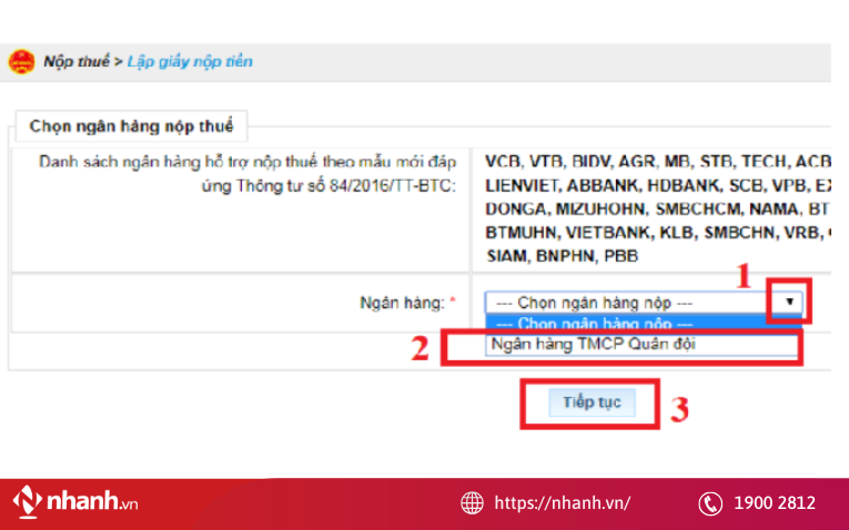 Chọn nộp thuế lập giấy nộp tiền và chọn ngân hàng