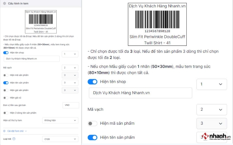 Chọn thông tin hiển thị trên tem