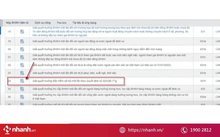Chọn thủ tục “Giải quyết hưởng BHXH 1 lần theo Quyết định số 422/QĐ-TTg”