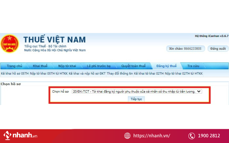 Chọn Tờ khai 20-ĐK-TCT