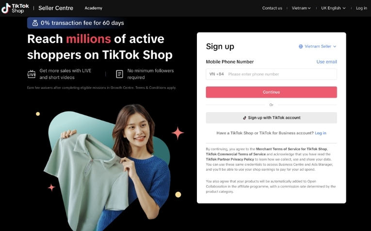 Thực hiện đăng ký tài khoản Tiktok Shop