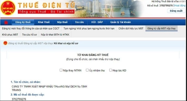Chọn mục “Đăng ký thuế”